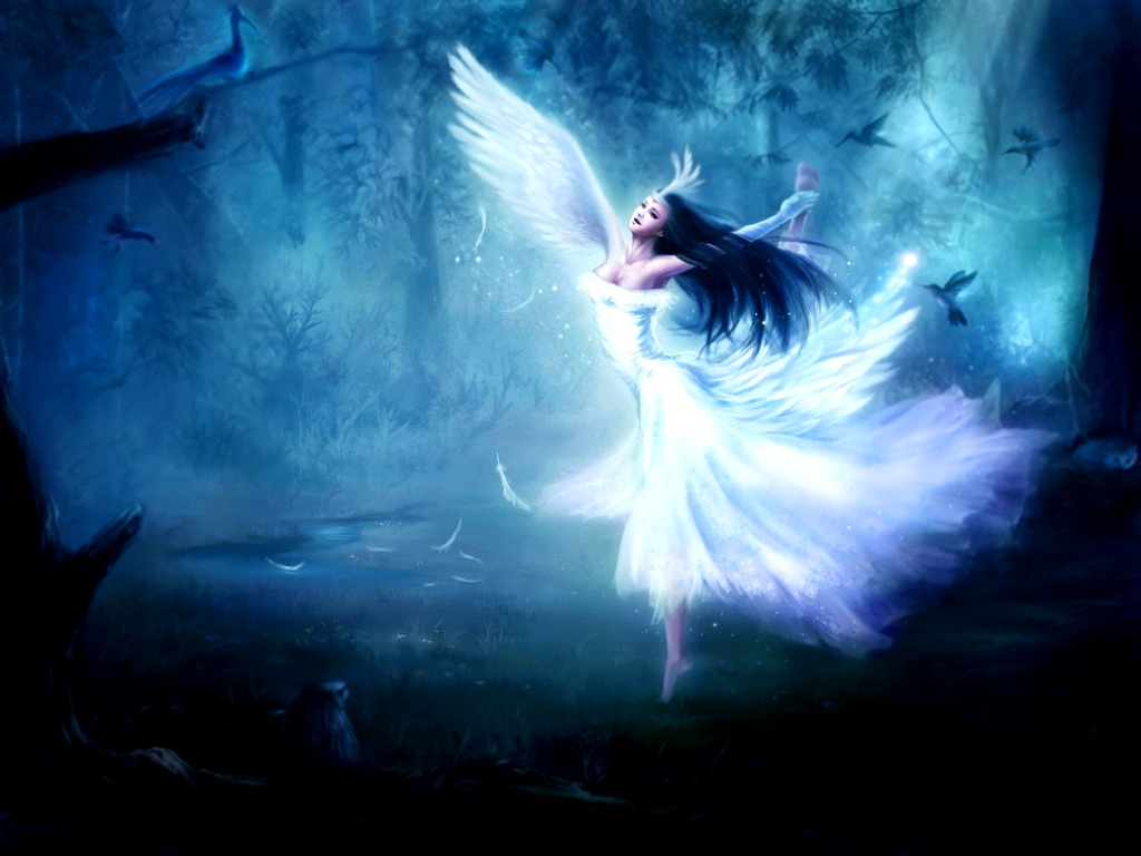 Девушка, птицы, ангел, крылья, лес, танец